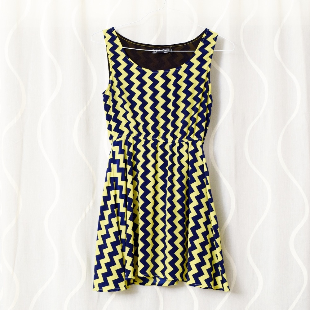 Whimsical Electric Yellow Chevron Skater Sundress | Size XS